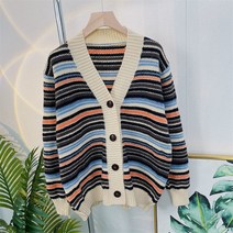 나시가디건세트복고풍 v넥 특집 버튼 스트라이프 두꺼운 패치워크 느슨한 여성 겨울