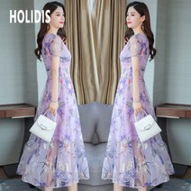 HOLIDIS 여성용 빅사이즈 쉬폰 프린트 원피스 패션 브이넥 롱스커트 반팔 조거 40-80KG 비치스커트