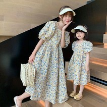해외피크닉 여름 여아 퍼프 반팔원피스 스퀘어넥 코튼 a라인 롱원피스 엄마랑딸 커플