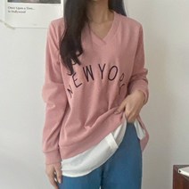 쉬이즈홈 빅사이즈 23SS V넥 레이어드 뉴욕 자수 티셔츠(2Color)