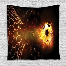 Ambesonne Sports Tapestry Burning Football Breaking Through The Net Goal Win Victory Theme on Dark, 1