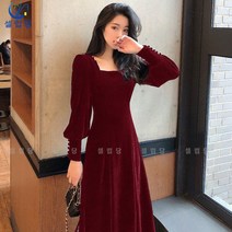 셀럽당 빈티지 슬림핏 골드 벨벳 원피스 여 슬림 스퀘어넥 추동 롱스커트