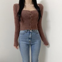 VANANA2 여성 페미닌 부클 딥 스퀘어넥 단추 부클 가디건 2color