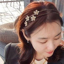 바이진주리본 2줄 보석꽃 머리띠
