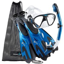 Phantom Aquatics Italian Collection 레전더리 파노라마 뷰 마스크 핀 드라이 스노클 세트 디럭스 스노클링 장비 가방 포함 ( 블루 S/M 5-8) (PA