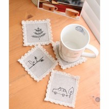 [2HOT] 린넨 자수 컵받침 4P, 단품
