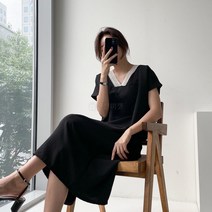 여자 엠파이어 레이스 펀칭 V넥 반팔 오버핏 롱원피스