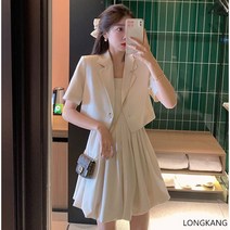 LONGKANG 고급스러운 나시 원피스 여름 프렌치 슬림 정장 코트외투 투피스 여성 세트