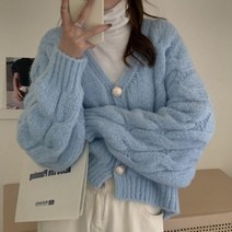 하늘색 케이블 니트 가디건 퍼 알파카 손뜨개 앙고라 아가일 랩 가디건 캐시미어 트위드