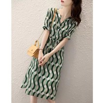 패션 물결 프린트 하이웨이스트 스트링 날씬해 보이는 미디 원피스