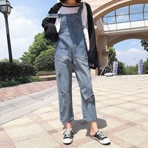 여성점프수트 여성용 데님 턱받이 오버롤 벨 바텀 패션 청바지 점프수트 부츠 컷 긁힌 느슨한 멜빵 바지 가을