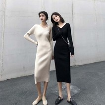 겨울원피스 슬림핏 날씬 코디 브이넥 슬림핏 골지 니트 롱 원피스_[230114EA]