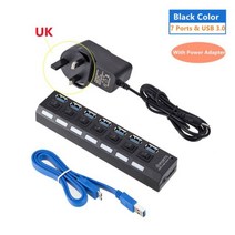 usb허브 c타입허브 호환 USB 3.0 허브 멀티 분배기 3 Hab 사용 전원 어댑터 7 포트 여러 확장기 PC 컴퓨터, UK 7 Port 3.0 hub