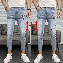 스판 청바지 30호 남성 봄가을 슬림 종아리 자수 날염 찢청 캐주얼 팬츠 뉴타임즈 O105V262