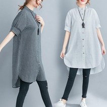 Makone 여자 여성 린넨 마 스트라이프 롱 셔츠 원피스 남방 루즈핏