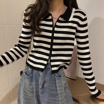 가로 줄무늬 여자 유니크한 지퍼 가디건 오늘의코디