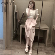 vsyoy 2023 년 여름 새로운 인터넷 연예인 유행 와이드 레그 팬츠 세트 여성 외국인 우아한 나이 감소 소금 캐주얼 투피스 슈트