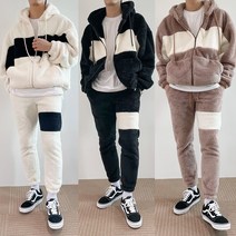남자 여자 블럭 배색 보아 양털 오버핏 후드집업 밴딩 조거팬츠 겨울 코디 스웻셋업