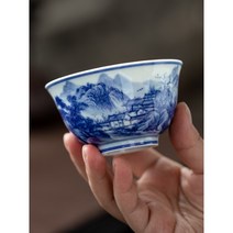 민간예인 청화산수주인배 보이차 다기 찻잔, 12.손으로 그린 파란색과 흰색 풍경 콜라 컵