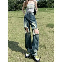 빈티지트임일자핏데님펜츠 레트로 찢어진 청바지 여성 가을 ​​얇은 디자인 데님바지