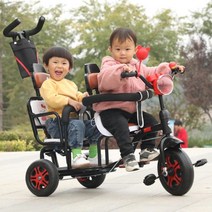쌍둥이 자전거 세발자전거 유모차 2인용 연년생 선물, 02.블랙 우산포함
