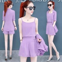 위위브렌 여성용 직업 쉬폰 반팔 자켓 반바지 3종 세트