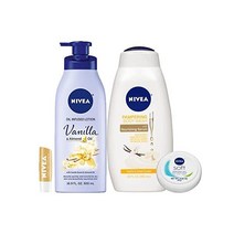 NIVEA 베리 바닐라 셀프 케어 키트 - 건성 피부용 바디 로션 하이드레이팅 바디 워시 립밤 모이스처라이징 바디 크림이 포함된 4피스 번들