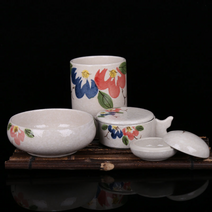 서예용품 도구세트 세라믹 벼루 연적 먹물접시 도자기 붓홀더 세척통 세트, 작약 세라믹 4종 세트