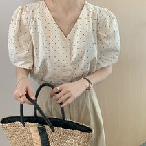 니유컴퍼니 도트 브이넥 볼륨소매 반팔 블라우스