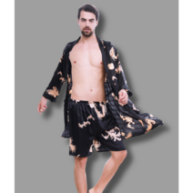 샤워가운 오버사이즈 실크 잠옷 남자얇은스타일 여름아이스사 홈웨어 특대사이즈 빅맨 패기있는느낌 용포, T03-3XL(150-180근), C01-블랙+반바지