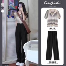 CIUUC CIUUC 여름 패션 정장 여성의 2022 새로운 사이즈 슬림 외국 스타일 스트라이프 짧은 소매 정장 넓은 다리 바지 투피스 조수, 살구 코트 검은 정장 바지, M 