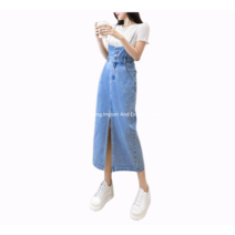 D6 하이 웨스트 레트로 슬리밍 데님 스커트 멜빵 청치마 미디 봄코디 A라인 원마일룩