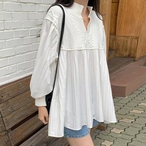 러블리 니트 인스타 감성 미니 원피스 블라우스 믹스 플리츠 A라인 플레어 임산부 루즈핏 귀여운 빅사이즈 벌룬 퍼프 소매 화이트