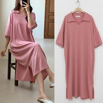 러브포텐 여성 빅사이즈 칼라 반팔 롱원피스 옆트임 스판 브이넥 롱 원피스 여름 홈웨어원피스