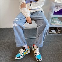 주니어청바지 봄가을 계절 유행 플라워 프린팅 데님 바지남자 스트레이트핏 일자 와이드 루즈핏 카고 트렌드 2736379270