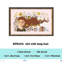 십자수 프랑스 자수 패키지 DIY 긴 머리 소녀 크로스 키트 만화 디자인 18ct 핑크, 하얀, 면사, 14ct 핑크 캔버스