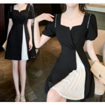 스카이문 보석제인 반팔 배색 주름원피스