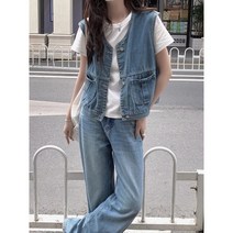 POMTOR 여성 빈티지 브이넥 빅사이즈 데님 베스트 청 조끼