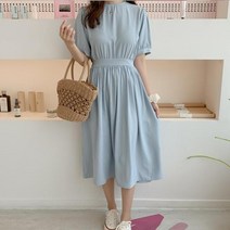 베이직 라운드넥 셔링 주름 반팔 드레스 원피스 롱 팔뚝 커버