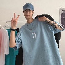 100%순면반팔티셔츠남루즈하복스마일프린트상의ins반팔티