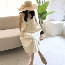 네모엔룩 브이코튼 앞트임 V넥 포켓 나시 민소매 롱 원피스