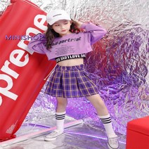 키즈 치어리더 스트릿댄스 패션 비걸 아동 방송댄스 의상 복 세트 댄스개인레슨 성인, 러브블랙런닝+퍼플상의+퍼플체크스커트_110cm