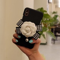 트위드 리본 까멜리아 핸드폰 그립톡 휴대폰 거치대, 화이트
