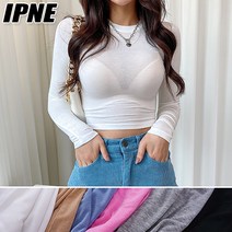 [이쁘네] 제이나크롭긴팔티 티셔츠 티 라운드넥 긴팔 크롭 슬림 타이트 레이온 찰랑