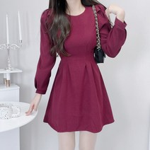 퍼프 라운드넥 플레어 허리스트링 리본 핀턱 스웨이드 원피스