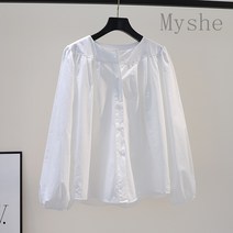 [Myshe]여성 봄 예쁜 긴팔 프릴 셔츠 스탠드카라 블라우스 juan302J7