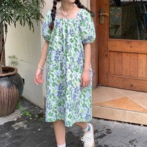 플라워 스퀘어넥 퍼프 숄더 미디원피스 A37398
