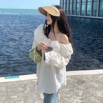 퐁순싸롱 오프숄더 프릴 러플 거즈 면 롱 블라우스 SY