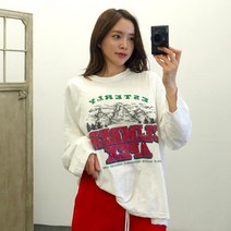 이힝 구제워싱 마운틴 프린팅 빈티지 긴팔 루즈핏 롱티셔츠 티셔츠