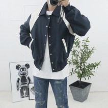 남자 간절기 봄 심플 워싱 코튼 배색 바시티 스타디움 자켓 2컬러